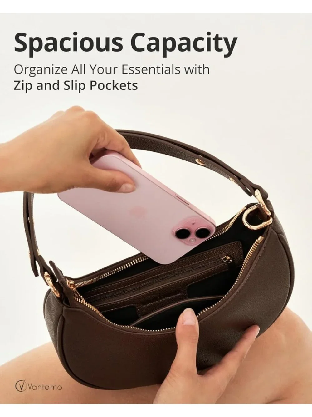 Vantamo Women's Bag Brown Half Moon Clutch with Anti-Theft Clip for Extra Safety